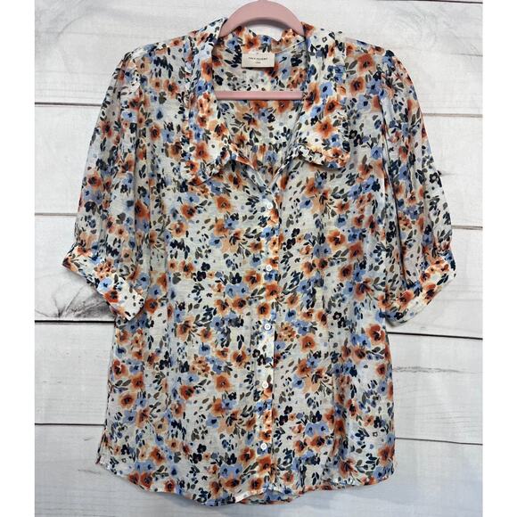 Free/Quent Top Size LG Floral Print Ruffled Collar Short Sleeve - Picture 1 of 7